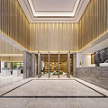 Modern Luxury Sales Office Interior With Golden Vertical Stripes Marble Floor And Reception Desk