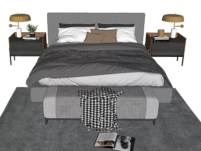 Double Bed With Gray Headboard White Brown Pillows Gray Comforter Nightstands And Table Lamps 3d model