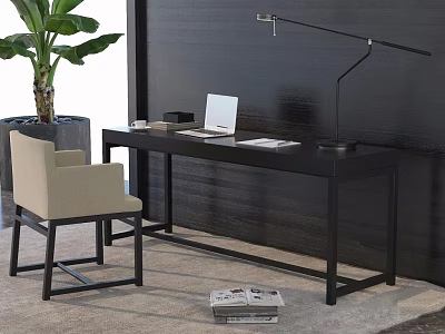 Modern Black Desk with Laptop Table Lamp and Beige Chair plus Magazines on Floor 3d model