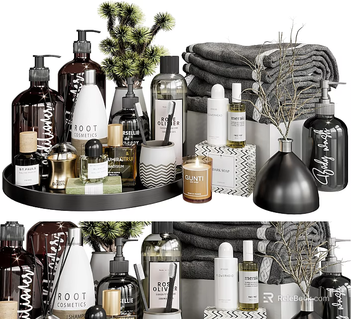 Elegant Modern Daily Cleaning Essentials With Bottles Towels Candles Tray And Potted Plants 3d model 