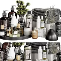 Elegant Modern Daily Cleaning Essentials With Bottles Towels Candles Tray And Potted Plants