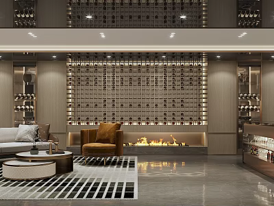 Luxury Wine Cellar Interior Design With Custom Wine Racks And Fireplace Area 3d model