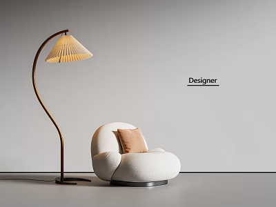 White Single Sofa With Soft Cushion And Curved Floor Lamp In Designer Minimalist Interior 3d model