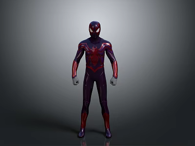 Spider-Man 3D Character Model In Purple And Red Suit Standing On Gray Background 3d model