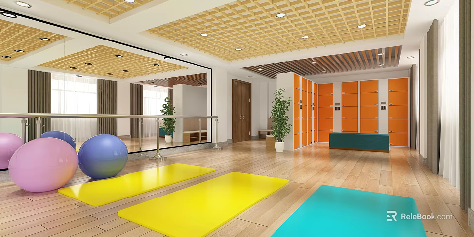 Bright Fitness Studio With Colorful Yoga Mats Exercise Ball And Storage Lockers 3d model 
