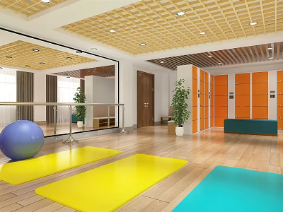 Bright Fitness Studio With Colorful Yoga Mats Exercise Ball And Storage Lockers 3d model