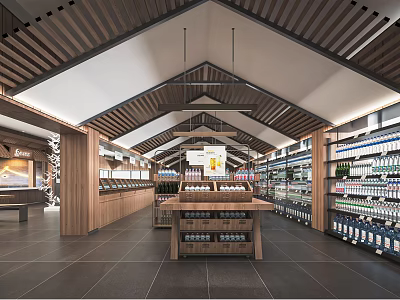 Supermarket Department Store Interior With Wooden Structure Open Ceiling Shelves And Central Display Table 3d model