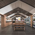 Supermarket Department Store Interior With Wooden Structure Open Ceiling Shelves And Central Display Table