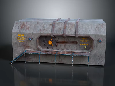 Rusty Industrial Equipment With Circular Mechanical Structure Orange Components Yellow Labels And Metal Staircase Platform 3d model
