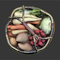 Assorted Fresh Vegetables in Woven Basket with Pink Blue Trim Carrots Sweet Potatoes Radishes