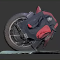 Red and Black Motorcycle Tilted on Light Blue Platform with Dark Background
