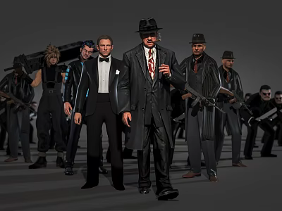 Vintage Game Movie Characters In Gangster Suits Fedora Hats Trench Coats Holding Weapons 3d model