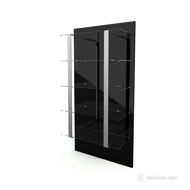 Black Modern Shelf Unit With Glass Shelves And Metal Frame Design 3d model 