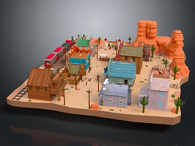 Western Town Wooden Buildings with Various Roofs Small Houses Cactus and Train 3d model