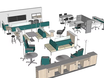 Modern Office Lounge Sofa Coffee Table Set With Green Seating Partition And Tables 3d model