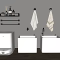 Modern Bathroom Featuring Two White Square Sinks Smart Toilet Black Towel Racks And Toiletries Shelf