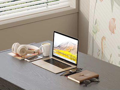 Laptop on desk with headphones coffee cup notebook glasses stationery near window and animal patterned wallpaper 3d model