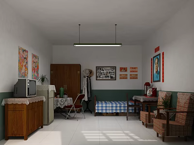 Vintage Room Interior With Old Fashioned TV Wooden Cabinet Posters Photos White Tile Floor 3d model