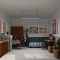 Vintage Room Interior With Old Fashioned TV Wooden Cabinet Posters Photos White Tile Floor