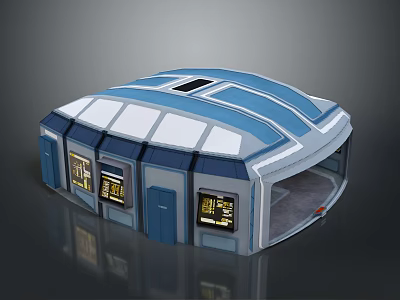 Sci Fi Building Structure With Blue White Curved Roof And Yellow Screen Windows 3d model
