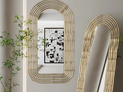 Golden Striped Oval Shaped Mirror in Minimalist Interior With Green Plants 3d model