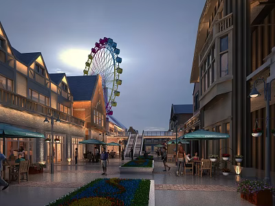 Illuminated Commercial Street With Ferris Wheel Outdoor Seating Pedestrians Flower Beds And Buildings 3d model