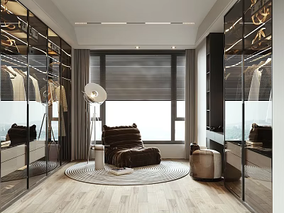 Modern Walk in Closet Interior With Mirrored Walls Storage Cabinets And Wooden Floor 3d model