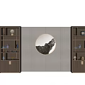 Two Wooden Bookcases With Decorative Items And Circular Wall Art In Between 3d model