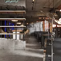 Industrial Bar Space With Drum Set Shelves Of Bottles Hanging Lights And Leather Stools