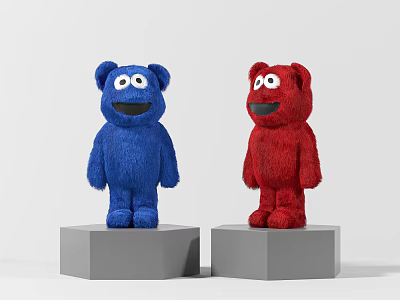 Blue and Red Bear Shaped Plush Toys Standing on Gray Hexagonal Pedestals 3d model