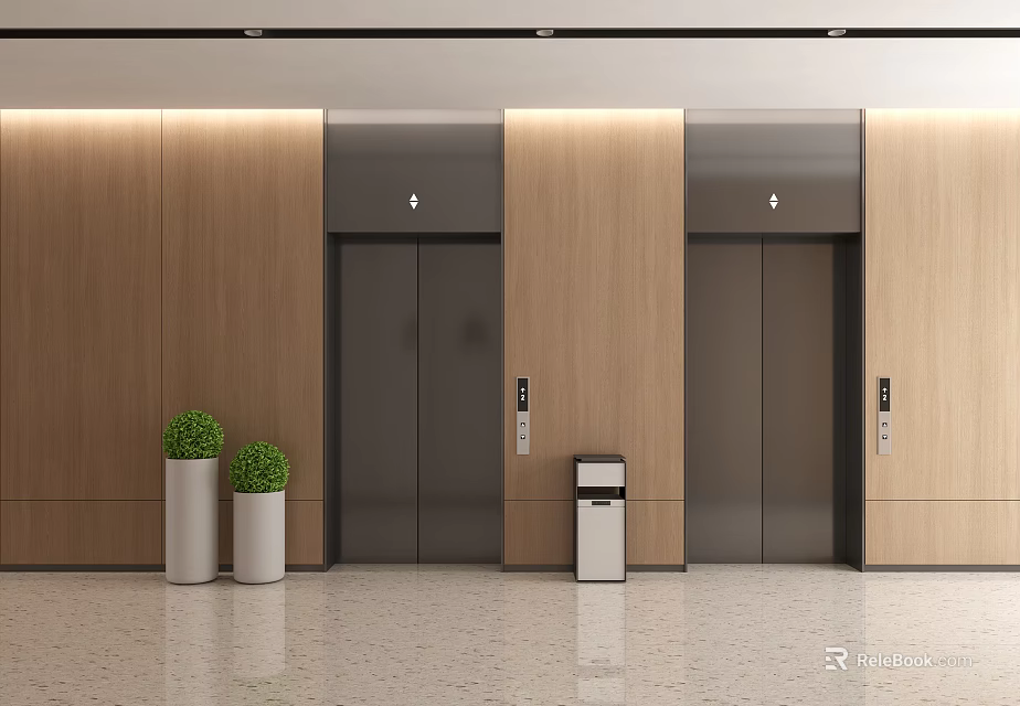 Modern Elevator Lobby With Wooden Walls Elevators Green Plants In White Planters And Trash Bin 3d model 