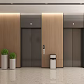 Modern Elevator Lobby With Wooden Walls Elevators Green Plants In White Planters And Trash Bin