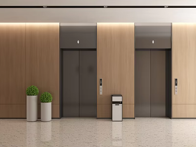 Modern Elevator Lobby With Wooden Walls Elevators Green Plants In White Planters And Trash Bin 3d model