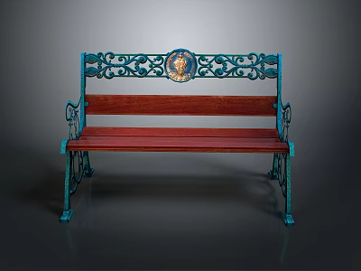 Ornate Blue Metal Frame Bench With Circular Medallion And Red Wooden Seat 3d model