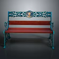 Ornate Blue Metal Frame Bench With Circular Medallion And Red Wooden Seat