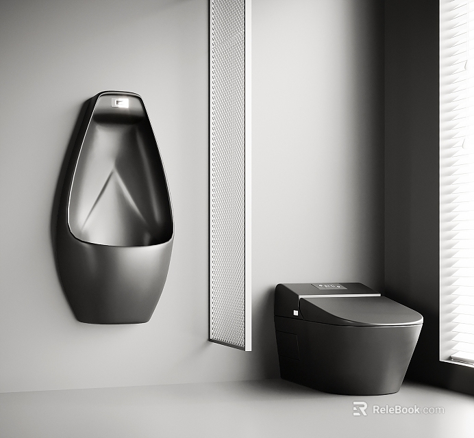 Modern Black Toilet And Wall Mounted Urinal In Sleek Gray Bathroom Design 3d model 