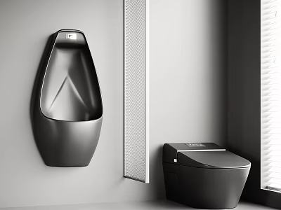Modern Black Toilet And Wall Mounted Urinal In Sleek Gray Bathroom Design 3d model