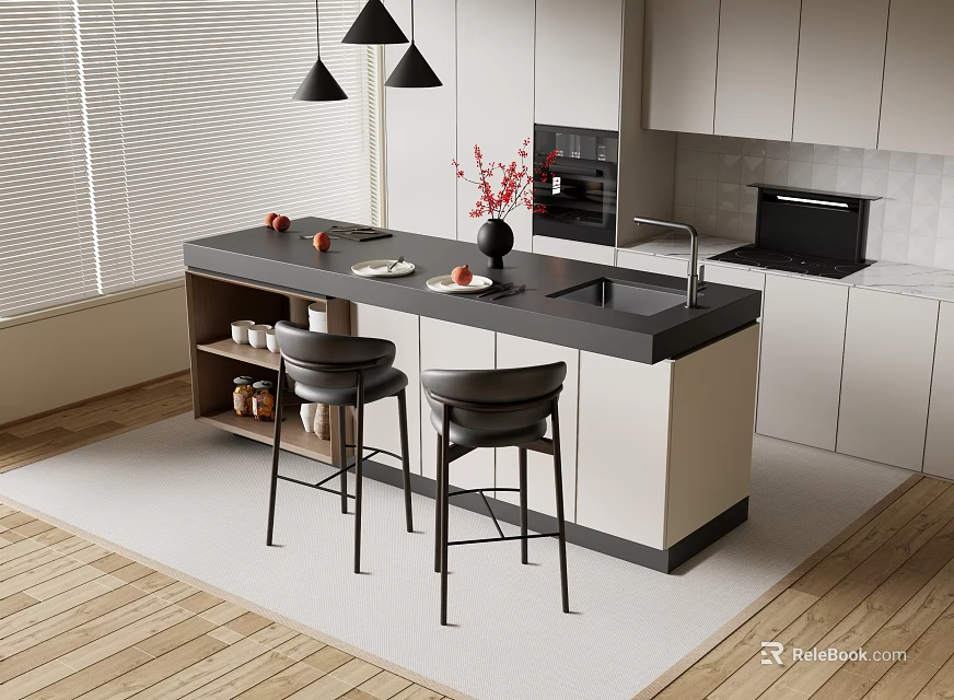 Modern Bar Counter With Black Countertop Two Black Stools Red Flowers And Sink 3d model 