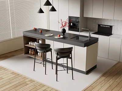 Modern Bar Counter With Black Countertop Two Black Stools Red Flowers And Sink 3d model