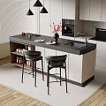 Modern Bar Counter With Black Countertop Two Black Stools Red Flowers And Sink