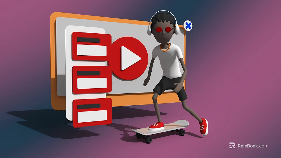 Cartoon Character Skateboarding With Headphones Red Sunglasses Near YouTube Logo And Red Rectangles 3d model 