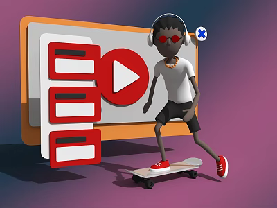 Cartoon Character Skateboarding With Headphones Red Sunglasses Near YouTube Logo And Red Rectangles 3d model