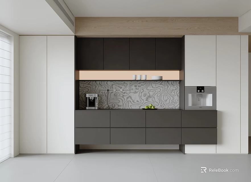 Modern Kitchen Sideboard With Gray White Cabinets Wooden Accent And Patterned Backsplash 3d model