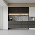 Modern Kitchen Sideboard With Gray White Cabinets Wooden Accent And Patterned Backsplash 3d model
