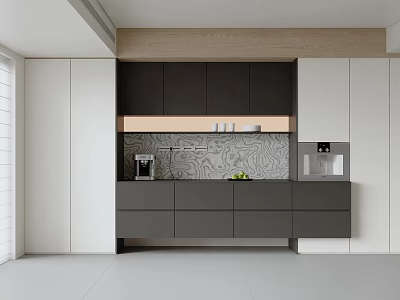 Modern Kitchen Sideboard With Gray White Cabinets Wooden Accent And Patterned Backsplash 3d model