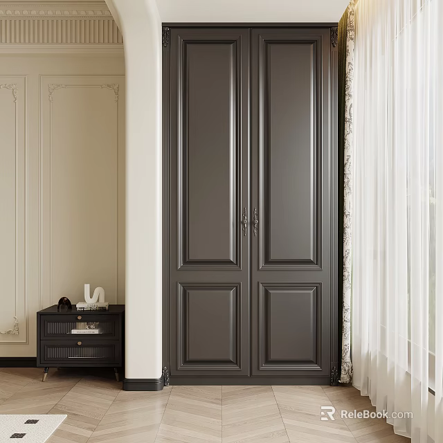 Dark Double Door Wardrobe In Bedroom With Decorative Moldings And White Curtains 3d model 