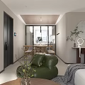 Modern Living and Dining Room Interior With Sofa Bean Bag Chair TV and Large Windows