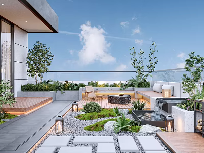 Modern Rooftop Garden With Green Plants Wooden Deck Stone Pathway Seating Water Feature Lantern Lights 3d model