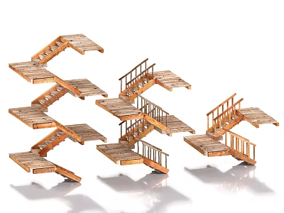 Multiple Wooden Staircase Models Showcasing Different Designs And Detailed Handrails 3d model