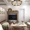 Elegant Classic Living Room With Chandelier Cream Sofa Fireplace Wooden Floor And Wall Art
